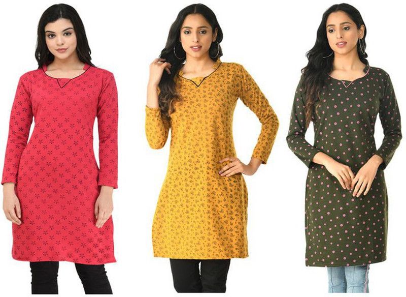 Pack of 3 Women Floral Print Wool A-line Kurta  (Dark Green, Pink, Orange)