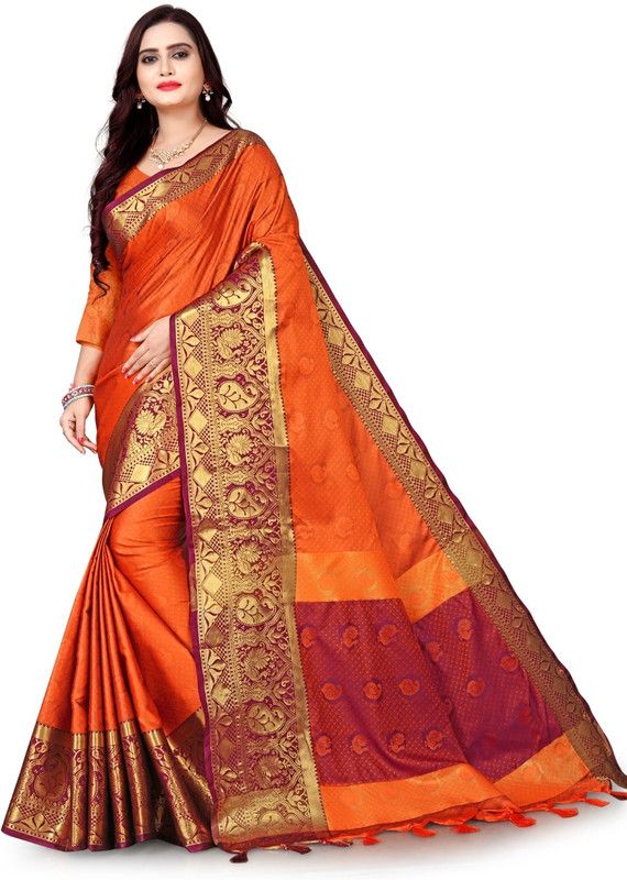 Self Design, Woven Banarasi Pure Silk, Cotton Silk Saree  (Gold, Maroon, Orange)
