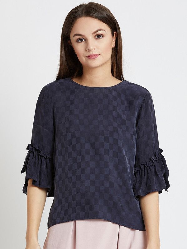 Casual Ruffled Sleeves Self Design Women Dark Blue Top