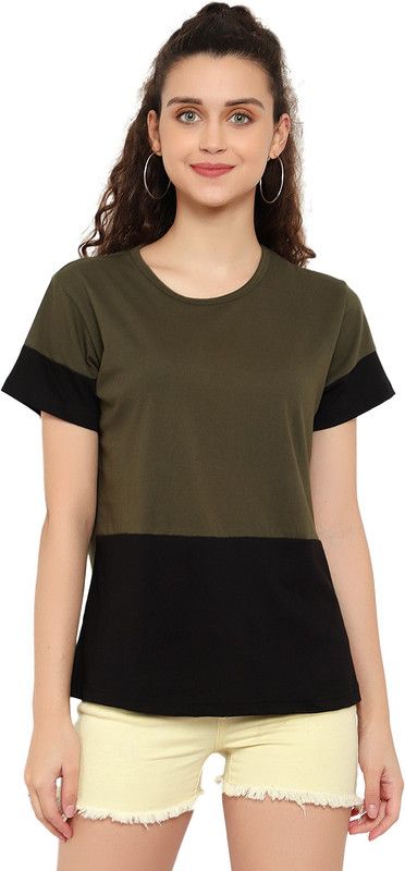 Women Color Block Round Neck Pure Cotton Dark Green T-Shirt