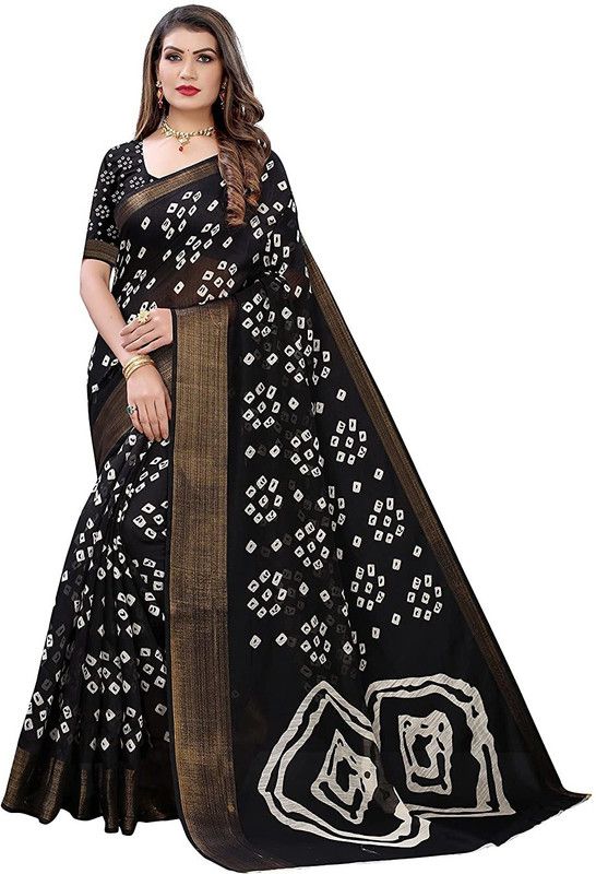 Bandhani Cotton Blend Saree  (Black)