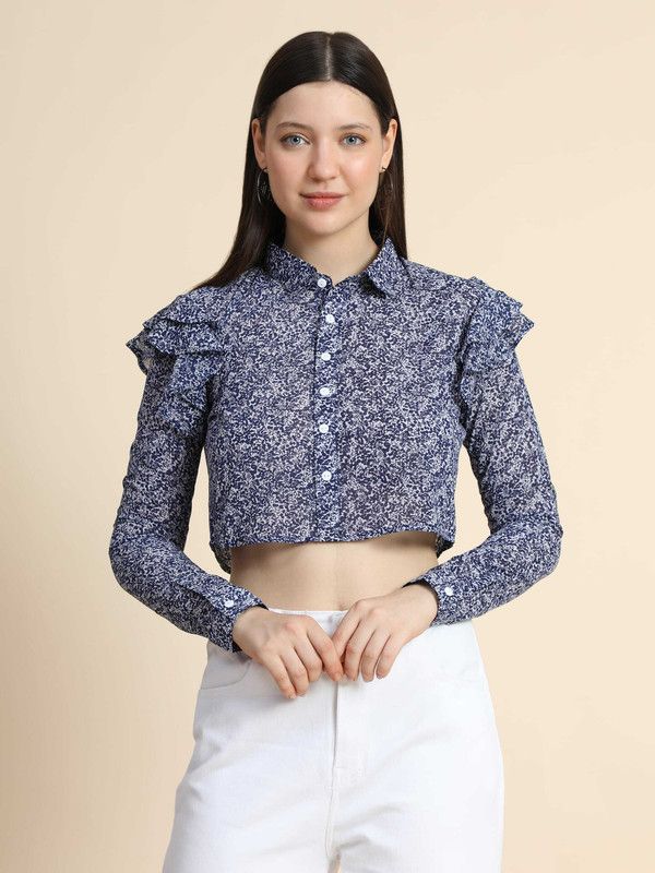 Casual Ruffled Sleeves Printed Women Blue Top