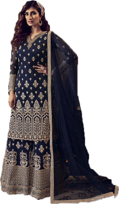 Semi Stitched Net/Lace Kurta & Sharara Fabric Embroidered