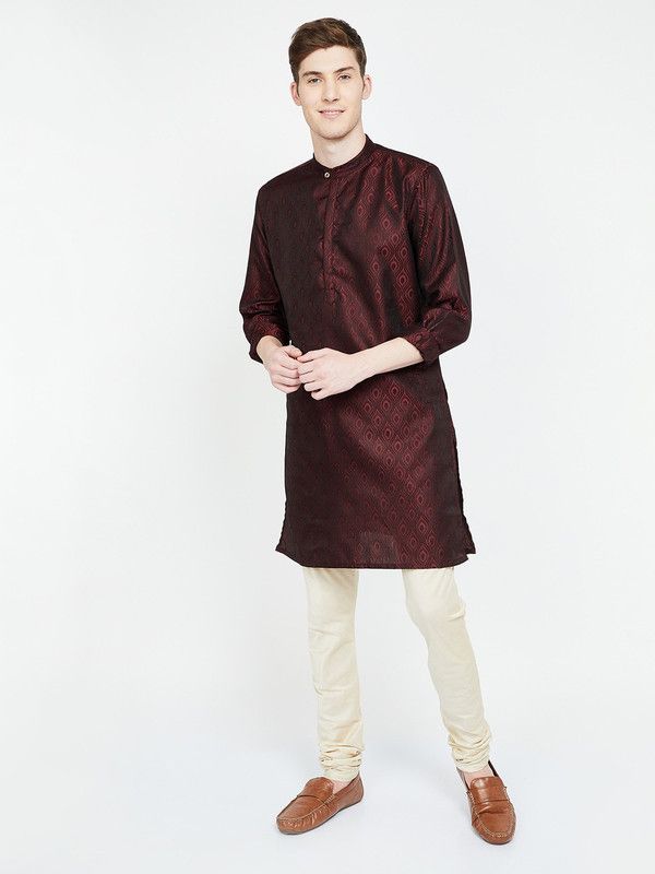 Men Printed Polyester A-line Kurta  (Maroon)