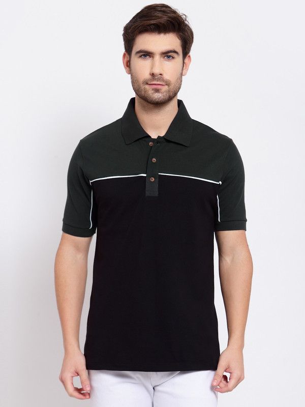 Men Color Block Polo Neck Cotton Blend Green, Black T-Shirt