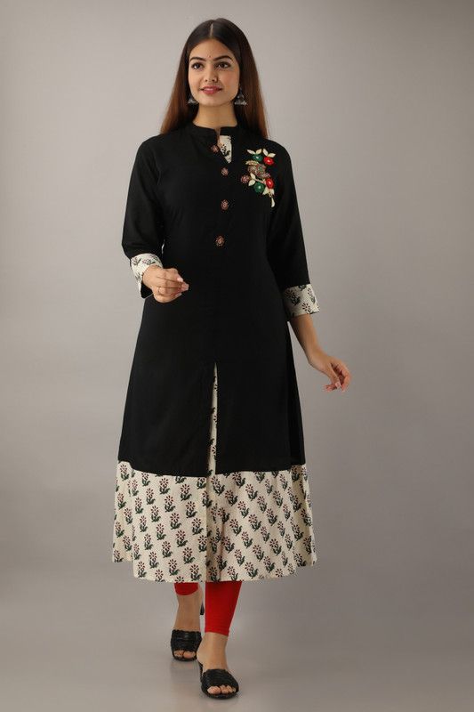 Women Embroidered, Solid Viscose Rayon Frontslit Kurta  (Black)