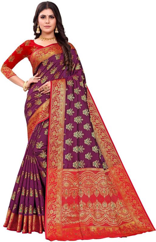 Woven Banarasi Cotton Silk Saree  (Purple, Red)