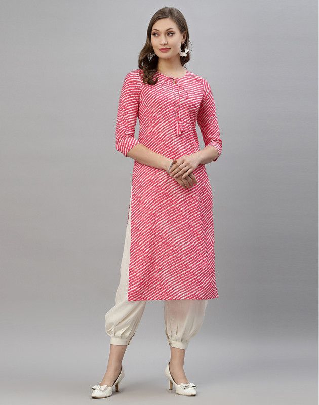Women Printed, Geometric Print Crepe Straight Kurta  (White, Pink)