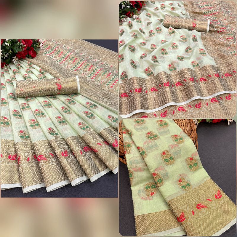 Self Design Banarasi Jacquard, Cotton Silk Saree  (Green)