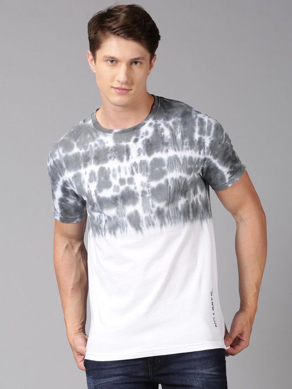 Men Tie & Dye Round Neck Pure Cotton White, Grey T-Shirt