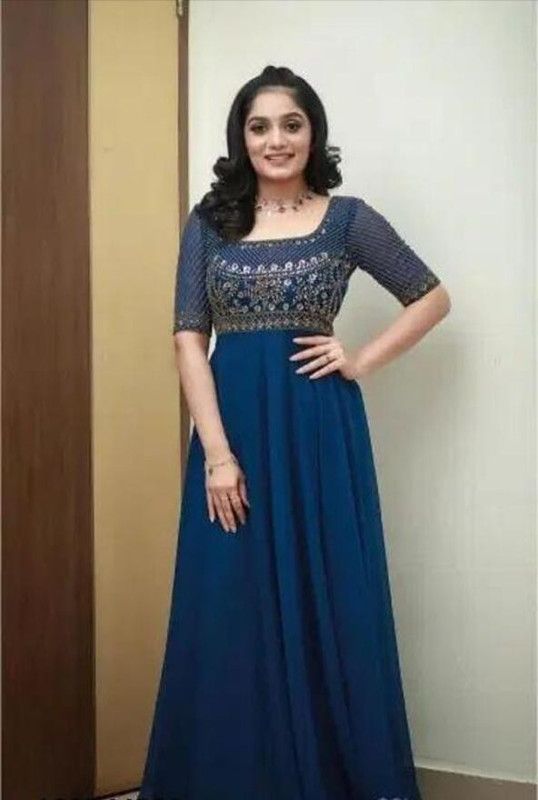 Embroidered Georgette Stitched Anarkali Gown  (Blue)