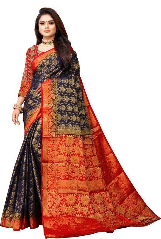 Floral Print Banarasi Nylon Saree  (Dark Blue)