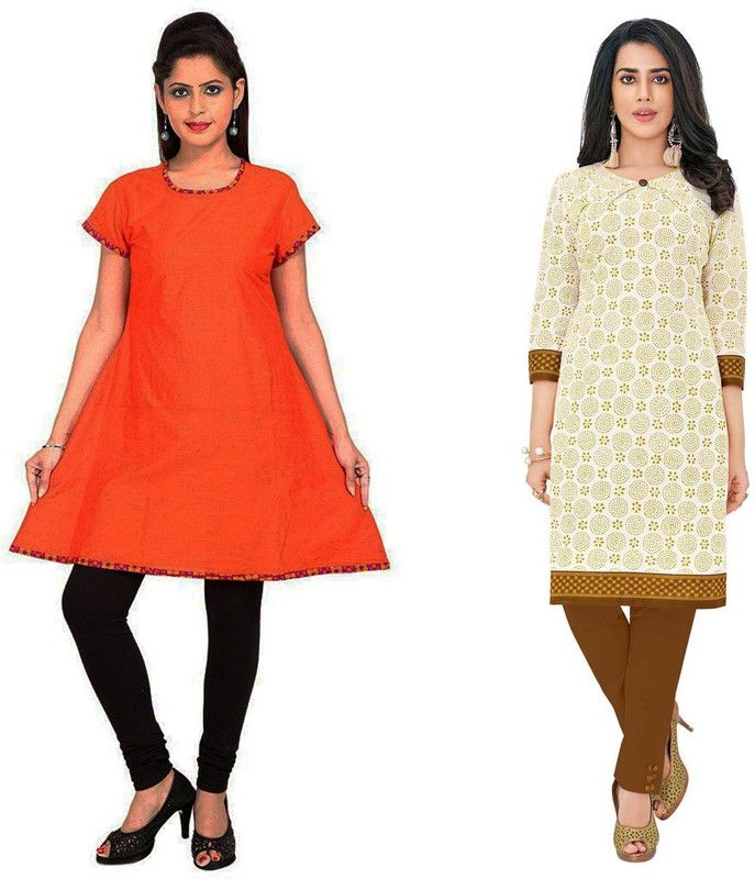 Pack of 2 Women Printed Cotton Blend Straight Kurta  (Orange)