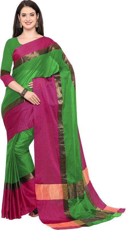 Printed, Geometric Print, Solid/Plain Handloom Silk Blend, Cotton Blend Saree  (Green, Pink)