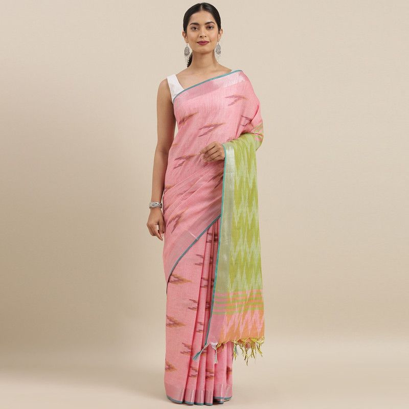 Woven Ikkat Linen Saree  (Pink)