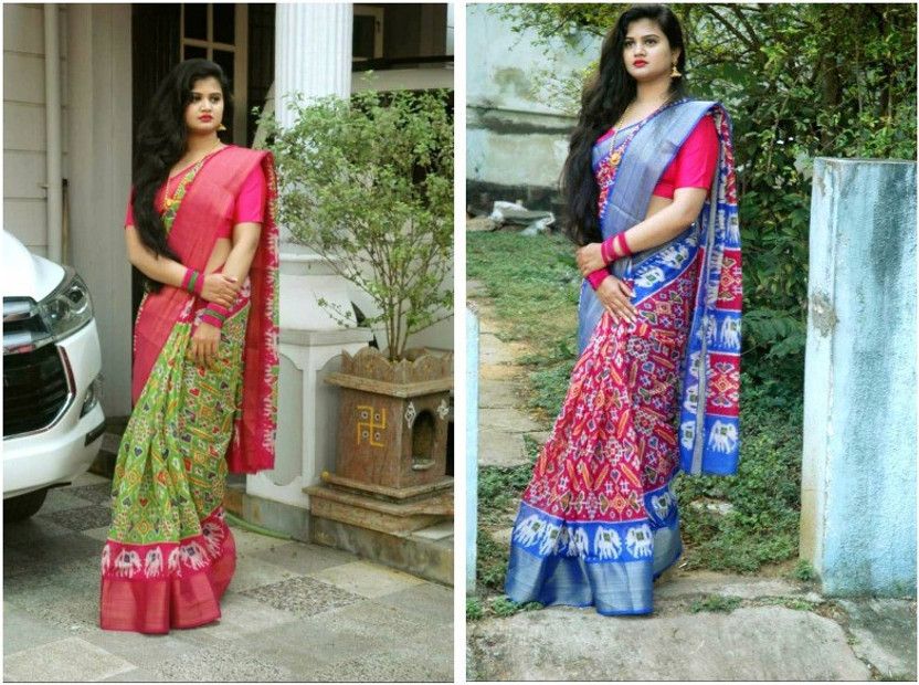 Printed Patola Cotton Blend Saree  (Pack of 2, Green, Pink)
