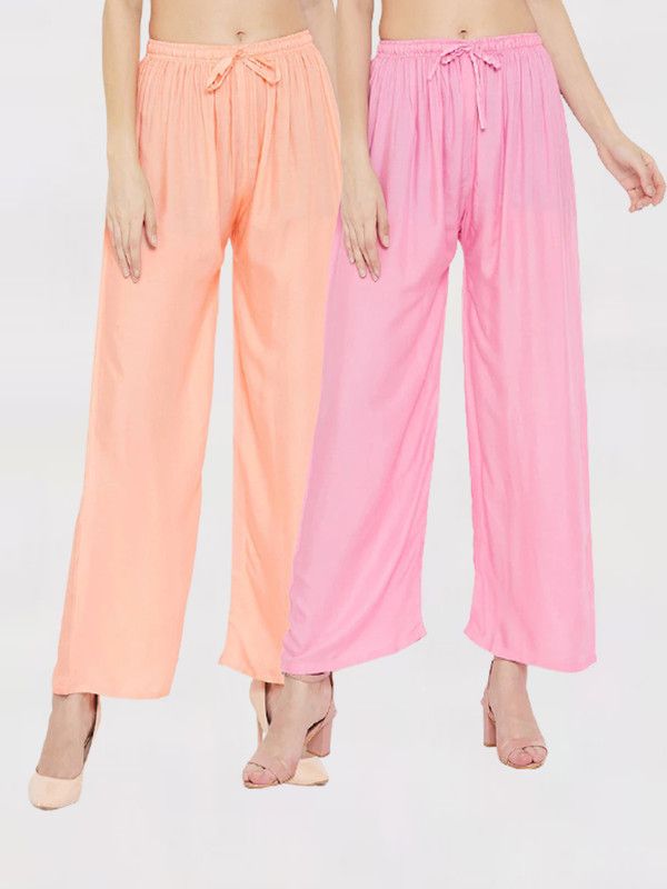 Pack of 2 Women Flared Orange, Pink Viscose Rayon Trousers
