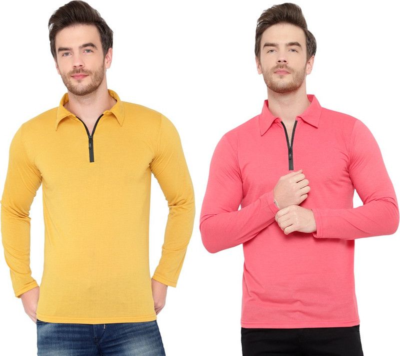 Pack of 2 Men Solid Polo Neck Cotton Blend Gold, Pink T-Shirt