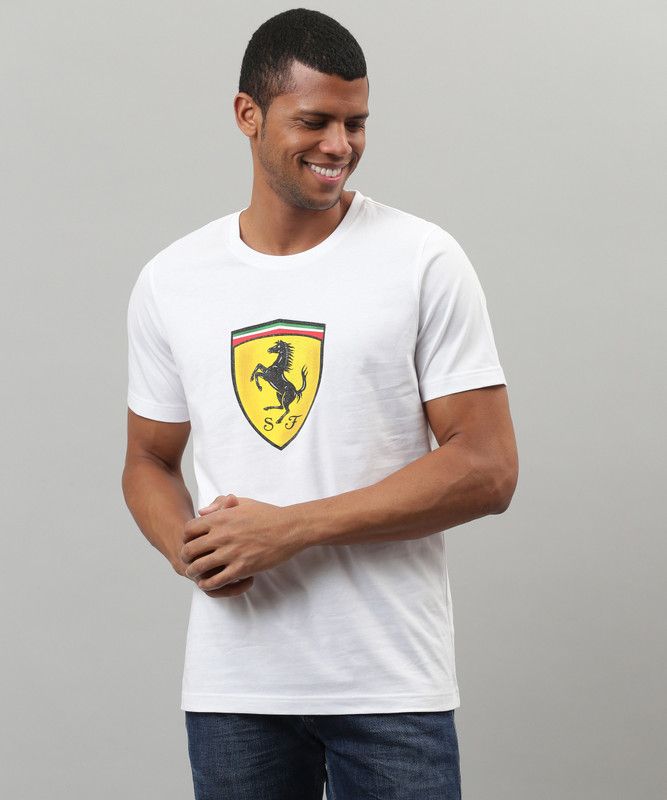 Ferrari Race Colored Big Shield Men Printed Round Neck Cotton Blend White T-Shirt