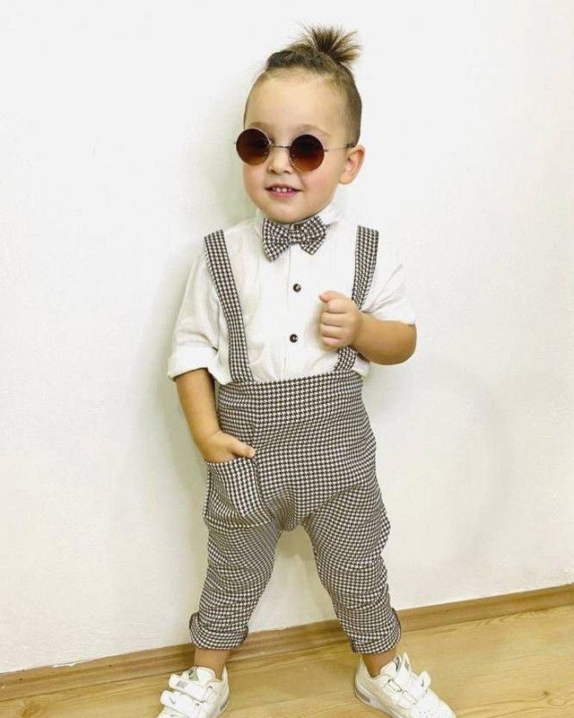 Dungaree For Baby Boys & Baby Girls Party Checkered Cotton Silk  (Brown, Pack of 1)