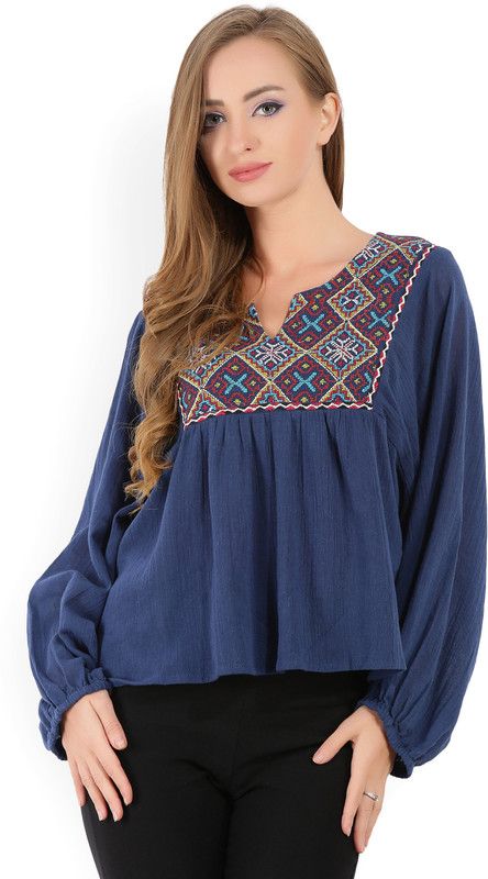 Casual Balloon Sleeve Embroidered Women Dark Blue Top