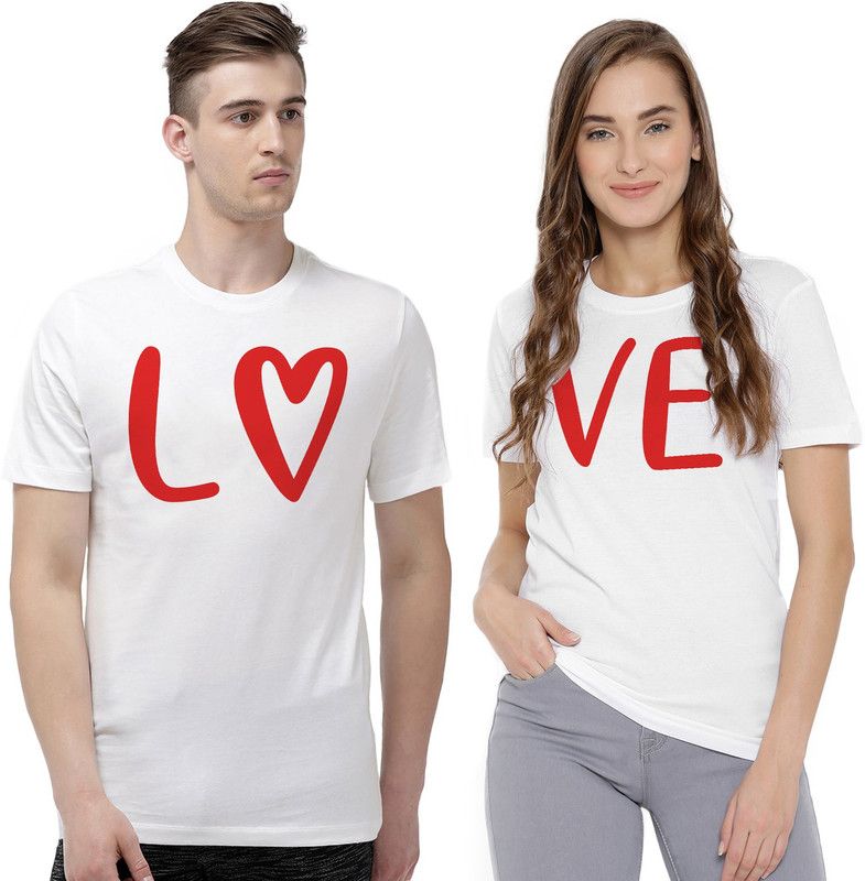 Pack of 2 Couple T Shirt Couple Typography Round Neck Cotton Blend White T-Shirt