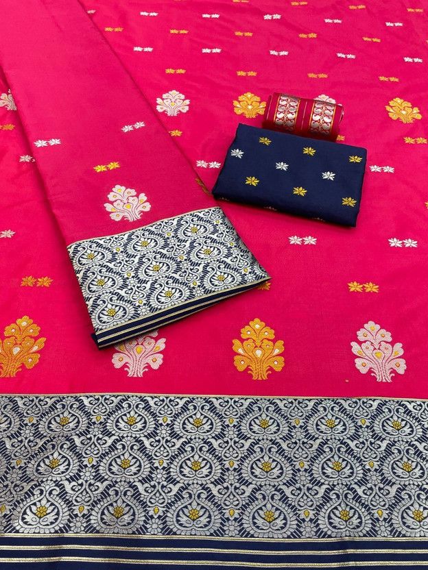 Woven Mekhela Chador Silk Blend Saree  (Blue, Pink)