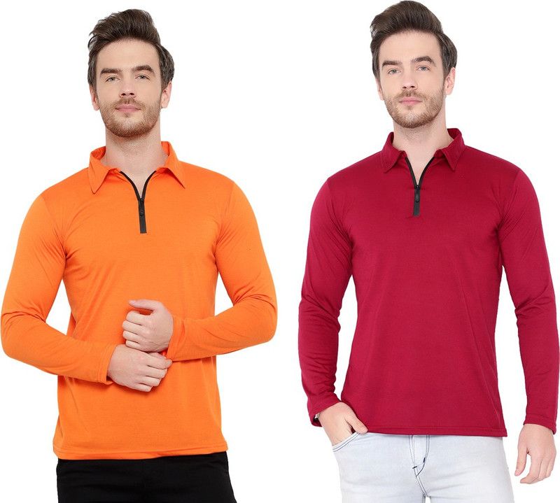 Pack of 2 Men Solid Polo Neck Cotton Blend Maroon, Orange T-Shirt