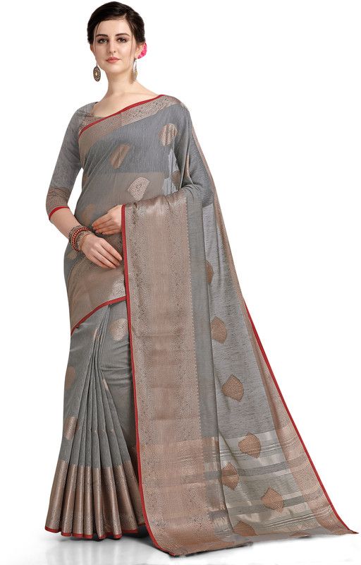 Woven Bollywood Cotton Linen Saree  (Grey)