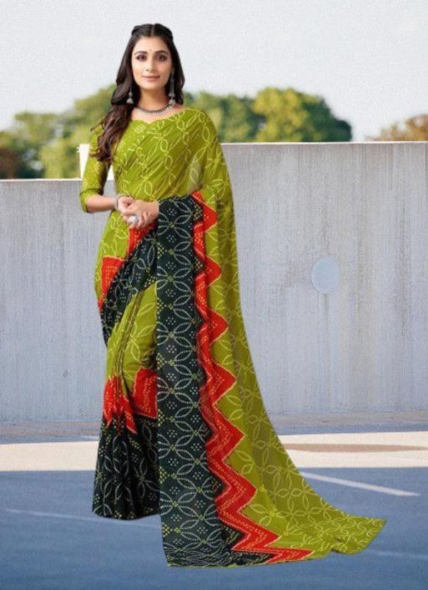 Printed Bandhani Georgette Saree  (Dark Green, Light Green)