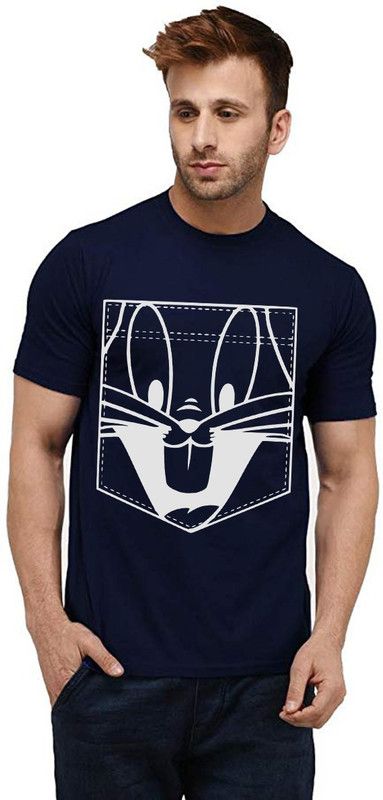 Pocket Bunny Men Printed Round Neck Pure Cotton Dark Blue T-Shirt