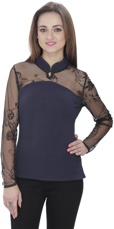 Party Regular Sleeves Embroidered, Solid Women Dark Blue Top
