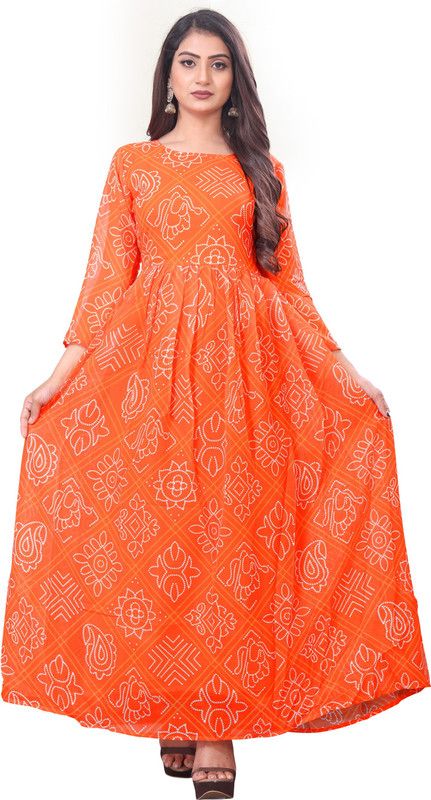 Women Printed Georgette Gown Kurta  (White, Orange)