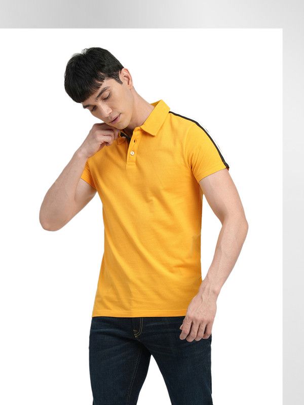 Men Solid Polo Neck Cotton Blend (210 gsm) Yellow T-Shirt