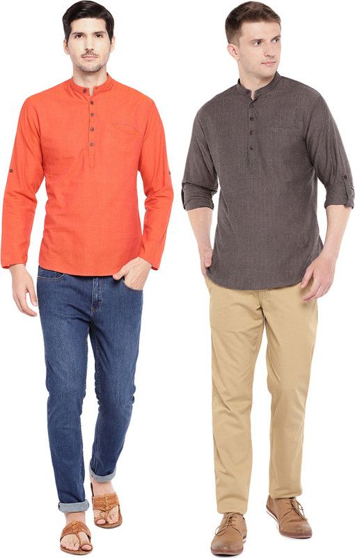 Pack of 2 Men Self Design Pure Cotton Straight Kurta  (Brown, Orange)