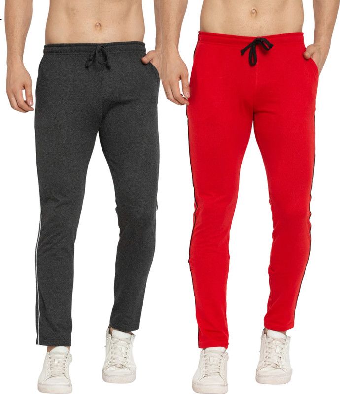 Pack of 2 Men Solid Grey, Red Track Pants