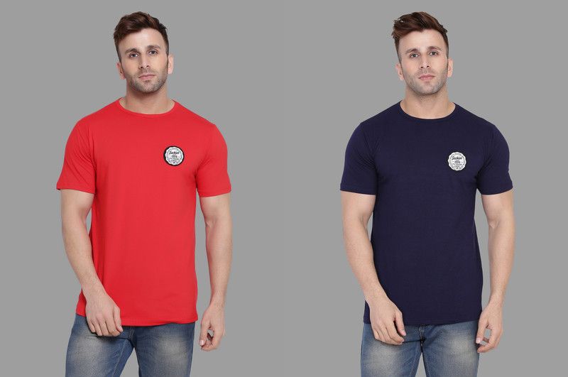Pack of 2 Men Solid Round Neck Cotton Blend Dark Blue, Red T-Shirt
