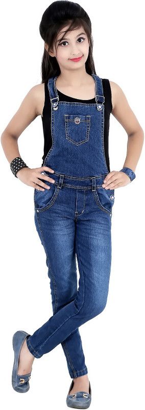 Dungaree For Girls Casual Solid Cotton Blend  (Dark Blue, Pack of 1)