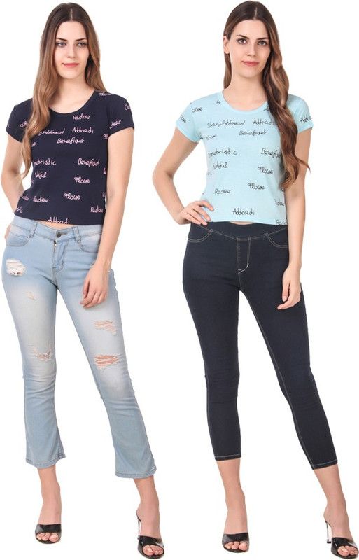 Pack of 2 Casual Regular Sleeves Printed Women Light Blue, Blue Top