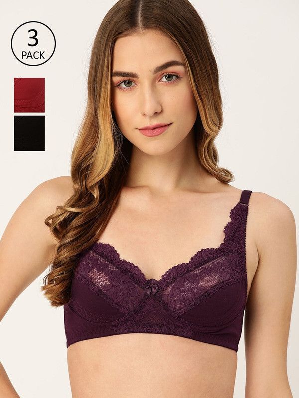 Pack of 3 Women Full Coverage Non Padded Bra  (Maroon, Purple, Black)