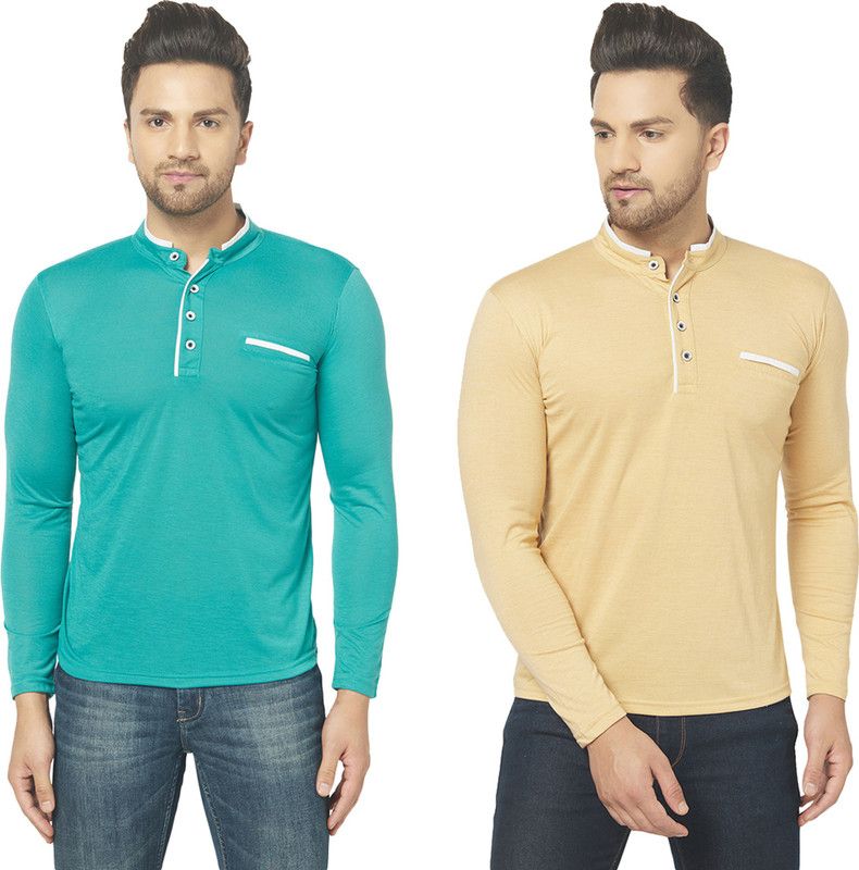 Pack of 2 Solid Combo of Two Henley Neck T-Shirt Men Solid Henley Neck Cotton Blend Beige, Light Green T-Shirt