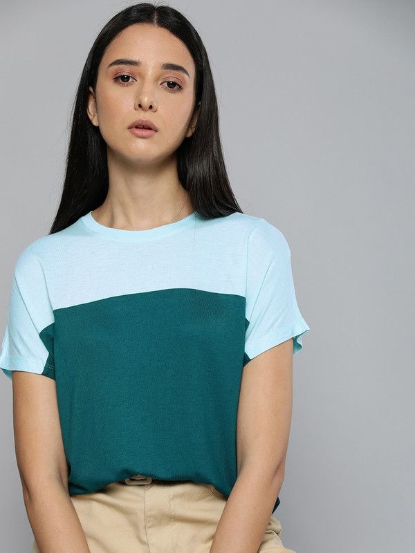 Women Colorblock Round Neck Viscose Rayon Green T-Shirt