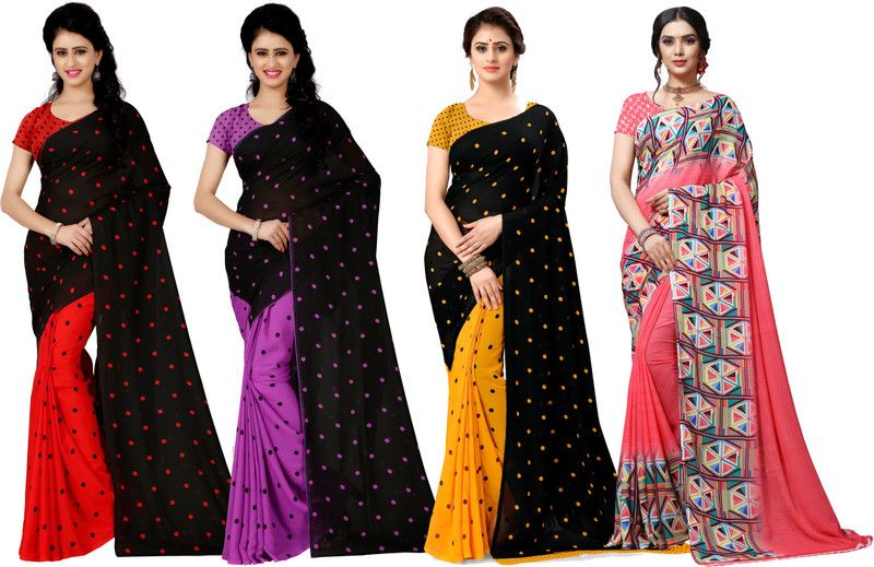 Printed, Graphic Print, Polka Print Daily Wear Georgette Saree  (Pack of 4, Multicolor)