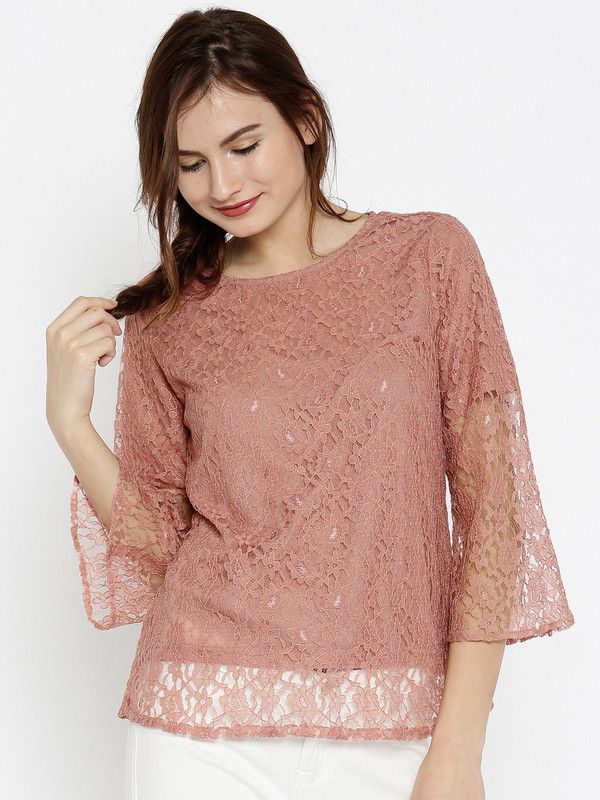 Casual Bell Sleeves Lace Women Brown Top