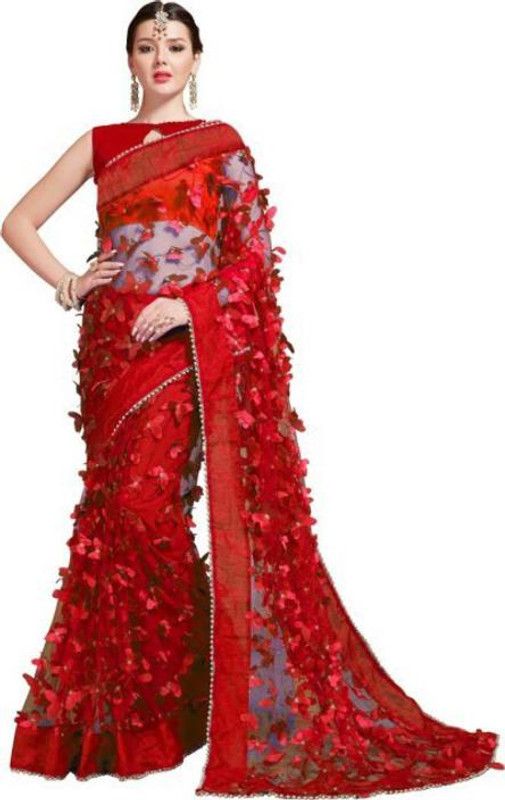 Self Design, Embroidered, Solid/Plain Bollywood Net Saree  (Red)