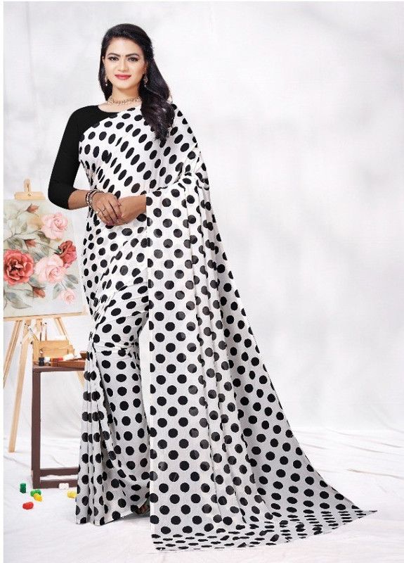 Polka Print Bollywood Georgette Saree  (White, Black)