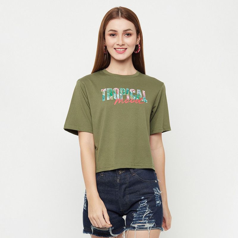 Oversized crop t-shirt Women Solid Round Neck Cotton Blend Dark Green T-Shirt