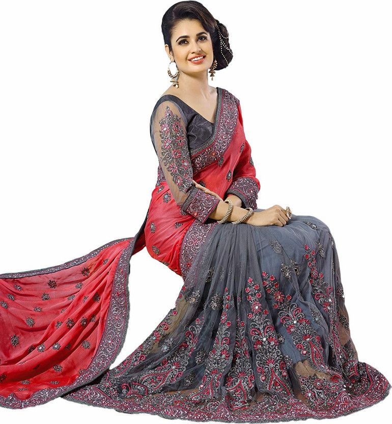 Embroidered, Embellished Bollywood Silk Blend, Net Saree  (Red, Grey)