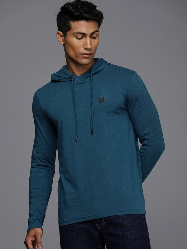 Men Solid Hooded Neck Pure Cotton Dark Blue T-Shirt