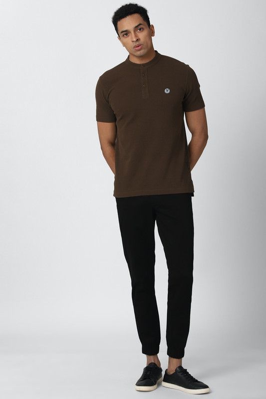 Men Self Design Henley Neck Pure Cotton Brown T-Shirt